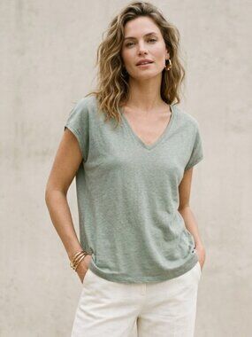 Rachel Zoe Women's Size XL Sage Green 100% Linen V-Neck T-Shirt